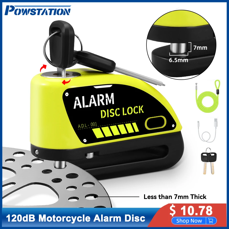 Powstation Motorcycle Disc Lock Anti-theft Bicycle Alarm 120dB Loud Bike Wheel Padlock Safety Motorcycle Alarm Lock bike bell alloy bicycle bell nice loud alarm safety cycling handle bell bar for mountain bike scooter