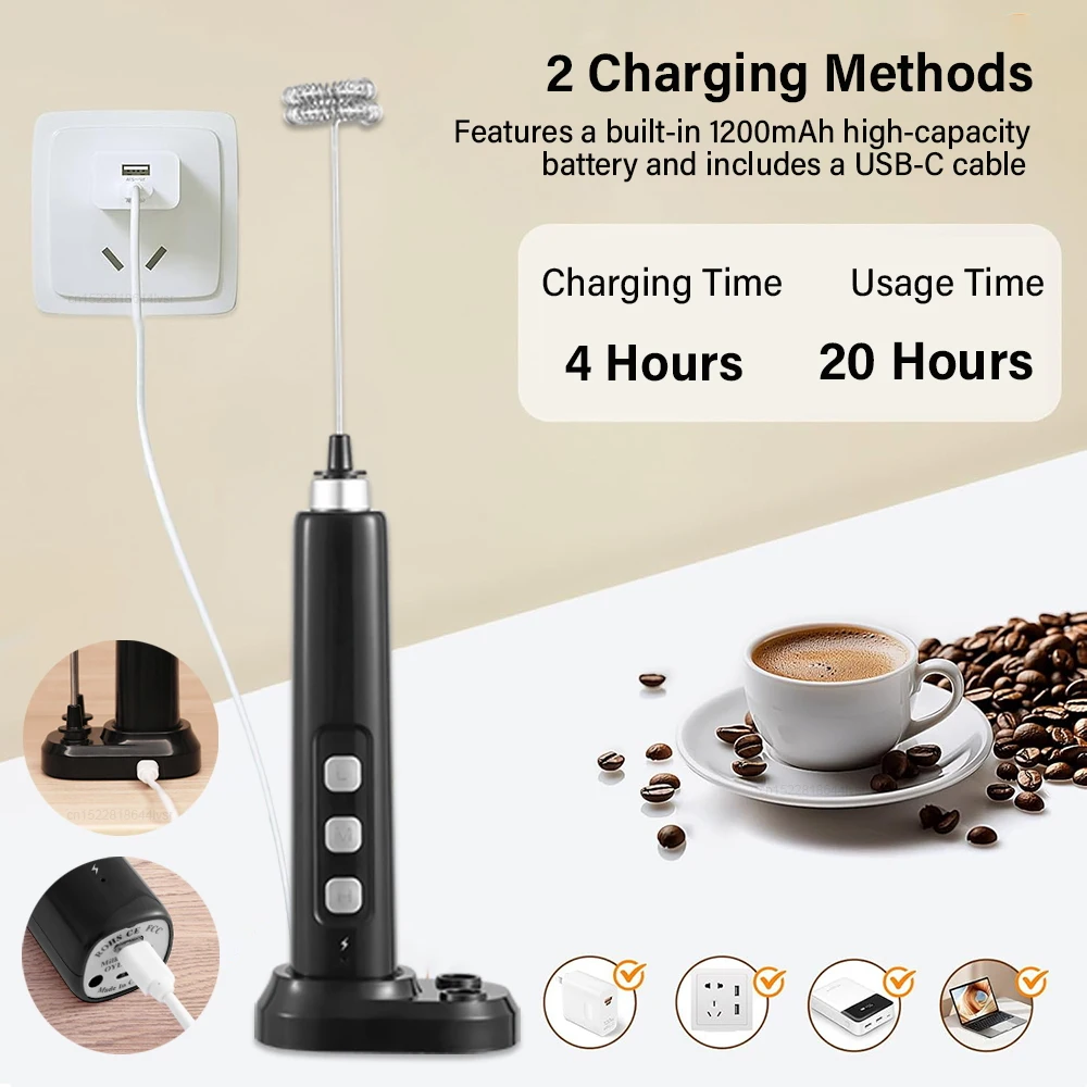 Electric Milk Frother Portable Handheld Foam Milk Blender USB Rechargeable Cream Coffee Whisk Mixer Wireless Egg Beater Machine 6