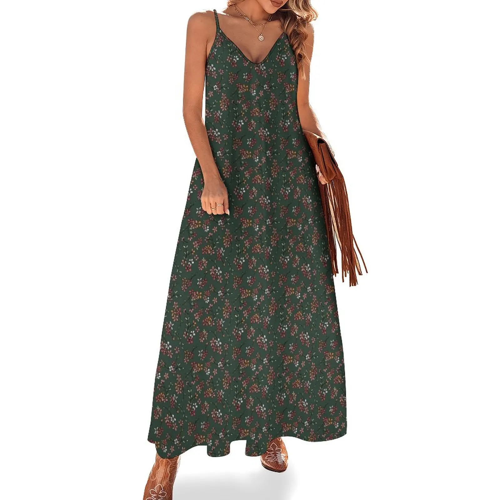 

Green, Pink, & Orange Ditsy Floral Sleeveless Dress summer dress women 2024 Dress woman