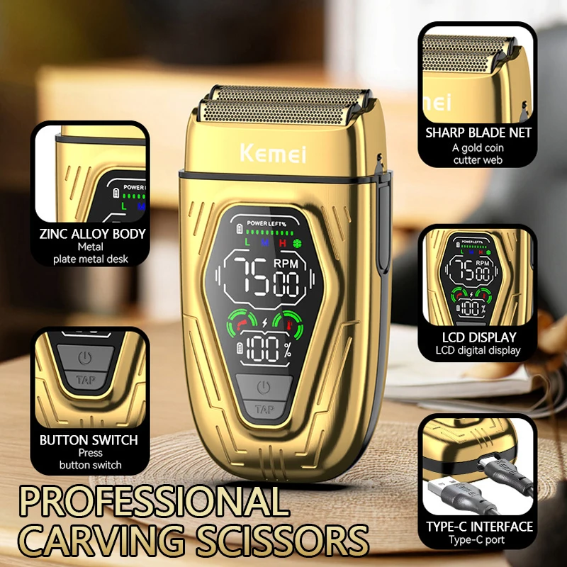 케메이티360 프로페셔널 바버 포일 쉐이버 무선 남성용 전기 왕복식 면도기 고속 듀얼 블레이드 충전식 USB