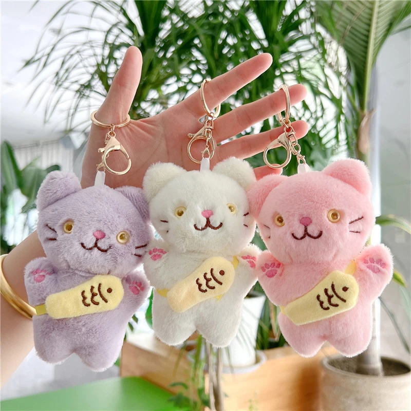 

13cm Cute Kawaii Eating Fish Cat Bag For Girl Kid Party Favor Gift Plush Pendant Grasping Doll Mini Keychain Soft Cotton Toy