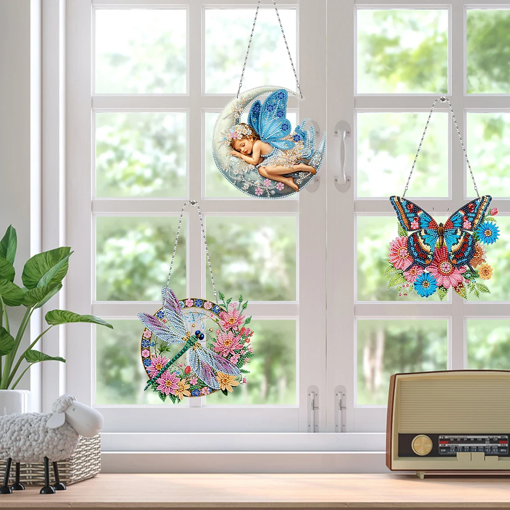3Pcs Acrylic Butterfly Single-Sided Flower Diamond Painting Hanging Pendant 5D DIY Diamond Window Decor Painting Dots Pendant