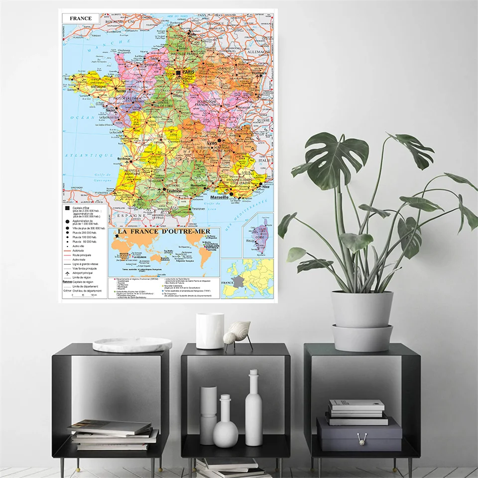 100*150cm The France Political Map In French Large Poster Non-woven Canvas Painting Living Room Home Decor School Supplies
