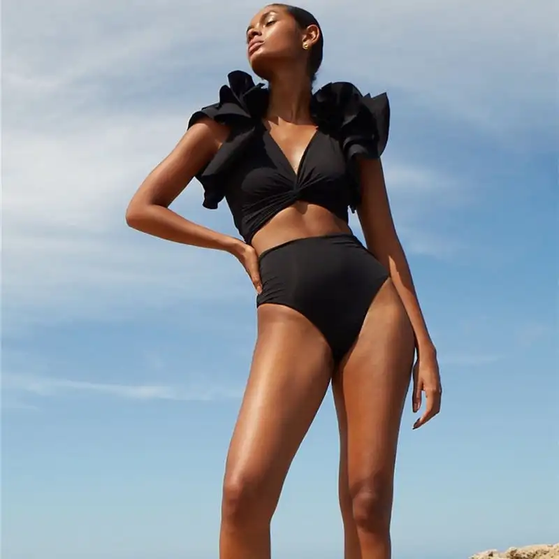 

Women's High Waist Fashion Swimsuit Solid Beachwear Black Color Lace Fold Bikini Set of Two Fashion Pieces for Women 2023 Summer