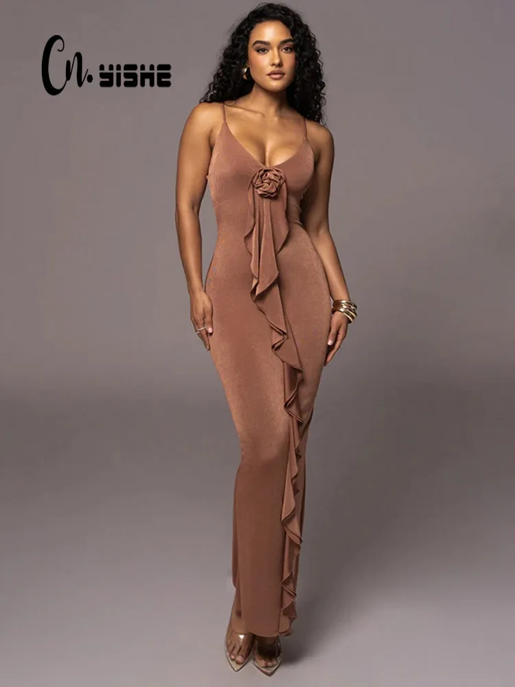 

Cnyishe Sexy Club Party Appliques Women Long Dresses Solid Strap Sleeveless Slim Sheath Streetwear Fashion Robes Vestidos Female