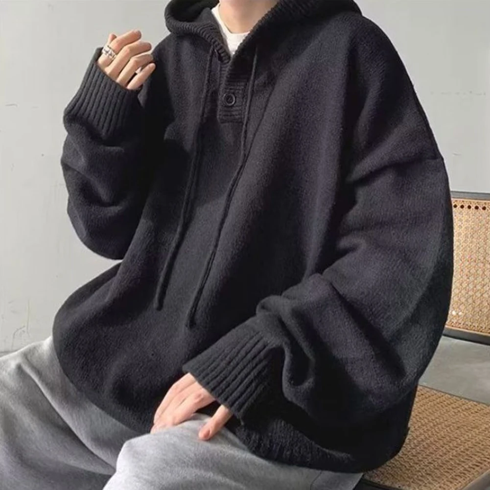 

Men's Fashion Trendy Hood Sweater Loose Fit Retro Knit Solid Outerwear Warm Winter Clothing Polyester Fabric Black/Grey