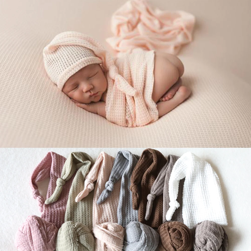 Soft Knit Waffle Bebe Hats + Wraps Set Newborn Photography Props Accessories Bonnet For Baby Boy Girls Shoot Photo Cocoon Studio