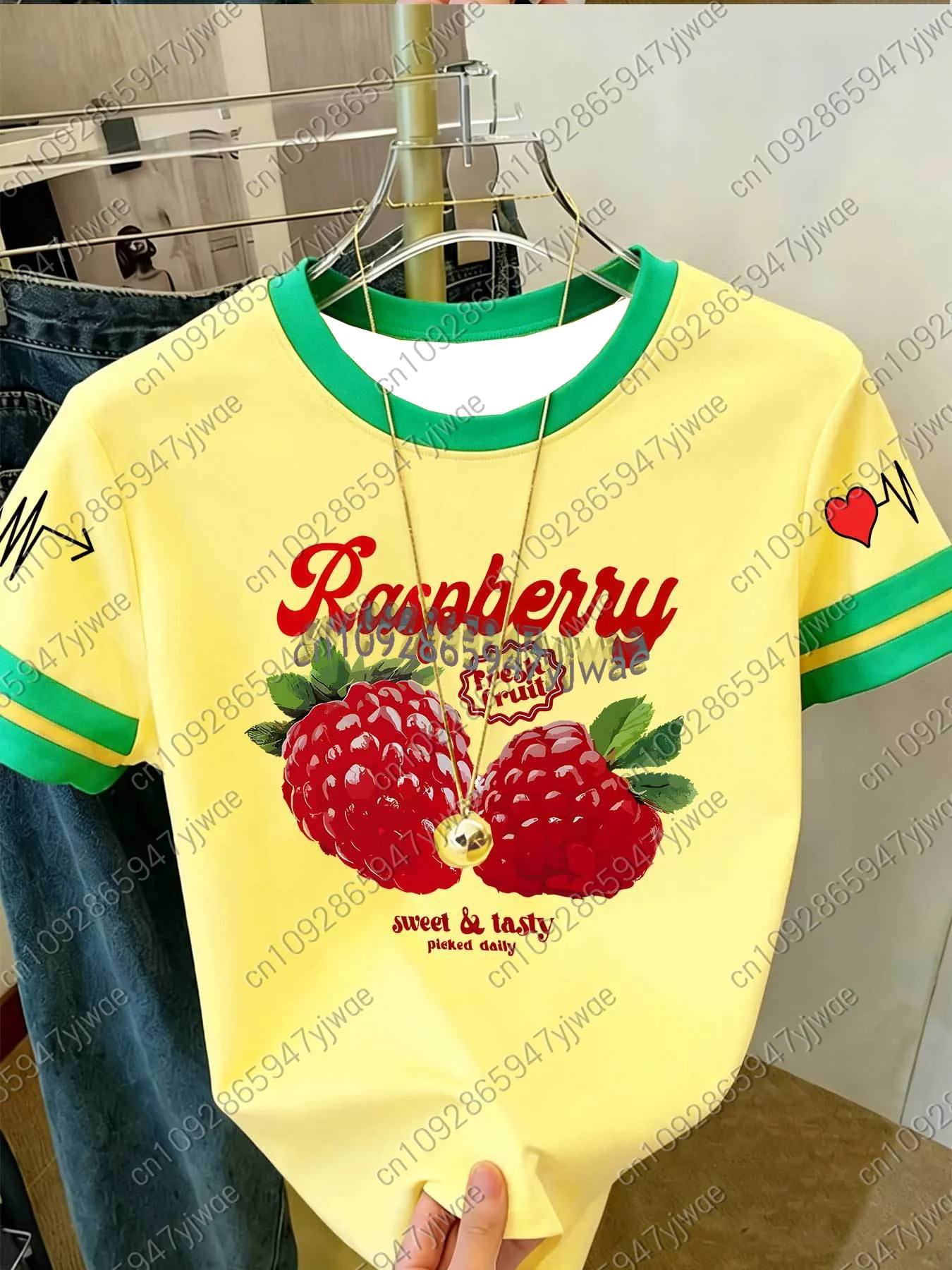 2026 Womens Short Sleeve Color-Block Fresh Raspberry Print Y2k T Shirt Girl Round Neck Tee Outdoor Sports Adult Women's T-Shirt 4