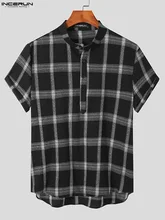 

Handsome Casual New Men's Buttons Blouse Fashion Hot Sale Male Check Stand-up Collar Short-sleeve Shirt S-3XL INCERUN Tops 2022
