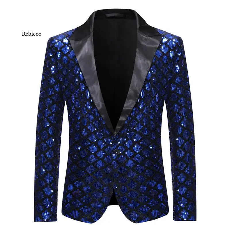 

Блестящий Блейзер Королевского синего цвета, мужской Блестящий клетчатый Блейзер на одной пуговице для смокинга, мужские блейзеры для ночного клуба, выпускного вечера, сценические костюмы