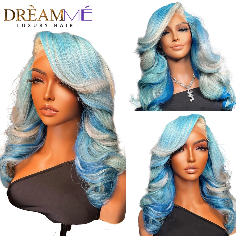 Blue Colored 13x4 Lace Front Human Hair Wigs Highlight Blonde 613 Lace