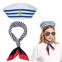 1-5sets Navy Sailor Hat Scarf Set Navy Blue & White Striped Captain Hat Cosplay Party Costume Accessories Dressing Up Sail Hats