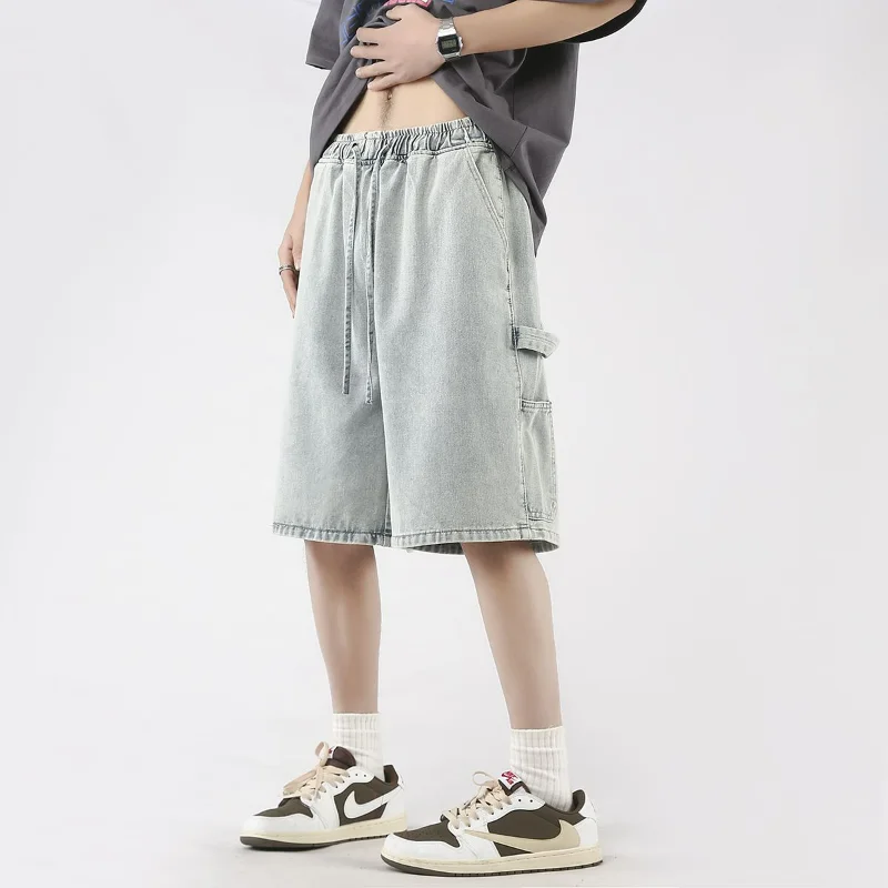 Streetwear Fashion Men Cargo Denim Shorts Summer New Elastic Waist Baggy Vintage Male Clothing Casual Short Knee Lenght Jeans