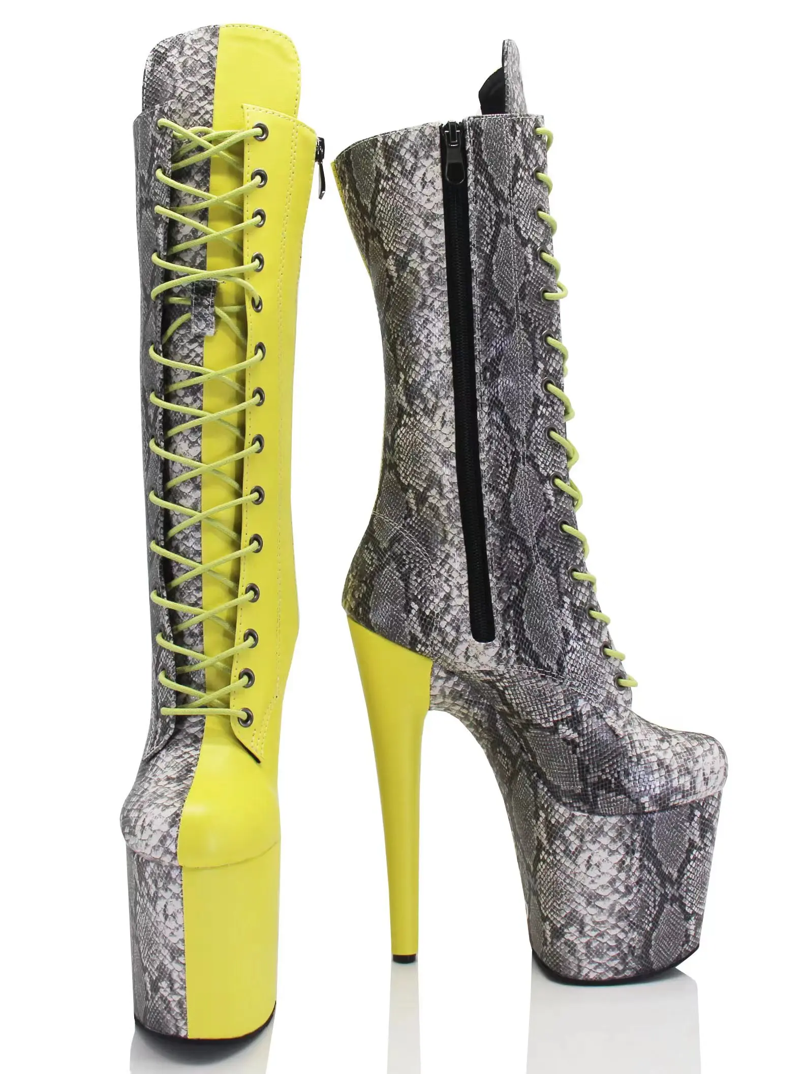 

20cm 8-inch snake patterned fashionableboots the latest thick sole high heel steel pipe dance Mid-Calf boots nightclub