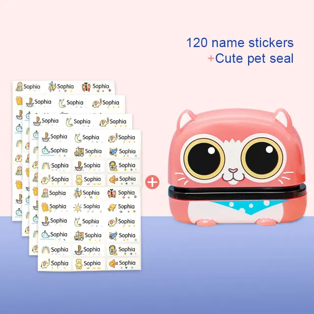 Children's Name Seal Custom Student's Name Stamp  Kindergarten Clothes Waterproof Name Sticker Will Not be Washed Off  Christmas cat and Sticker