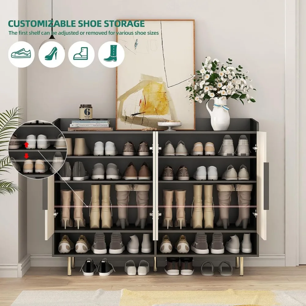 Shoe Storage Cabinet Open Compartments, Free Standing Shoe Rack 4 Doors and Adjustable Shelves Sideboard Cabinet