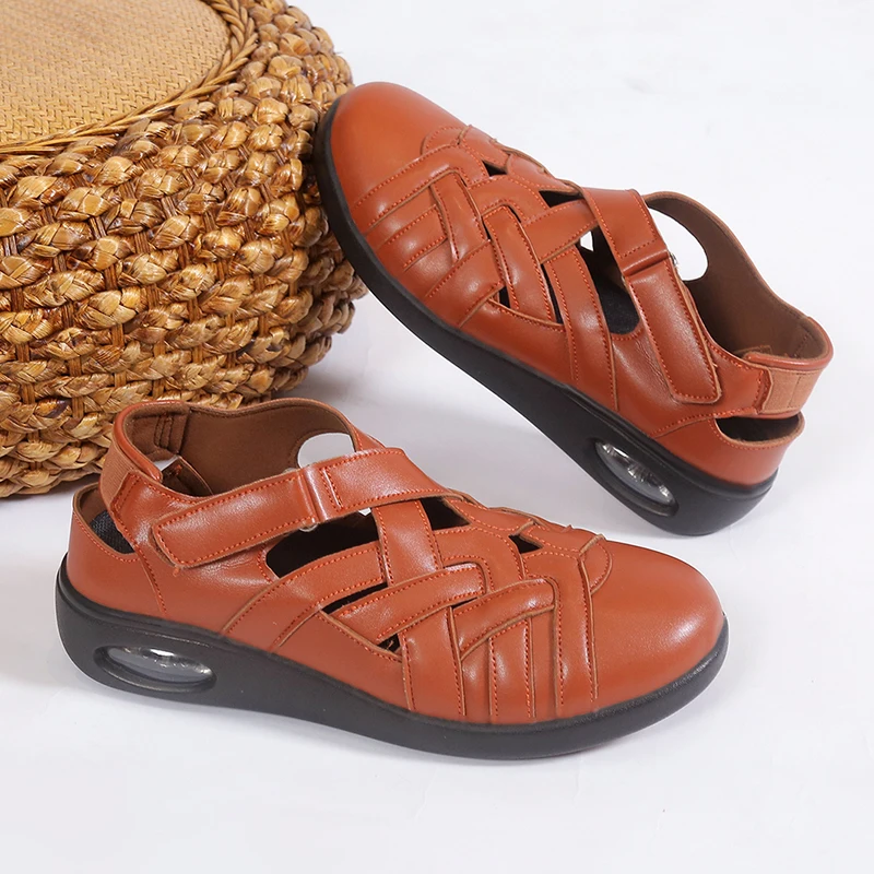 

Summer Shoes For Women Sandals Pu Leather Air Cushion Sandals Comfort Hook Loop Hollow Round Toe Shoes Solid Color De Mujer35-44