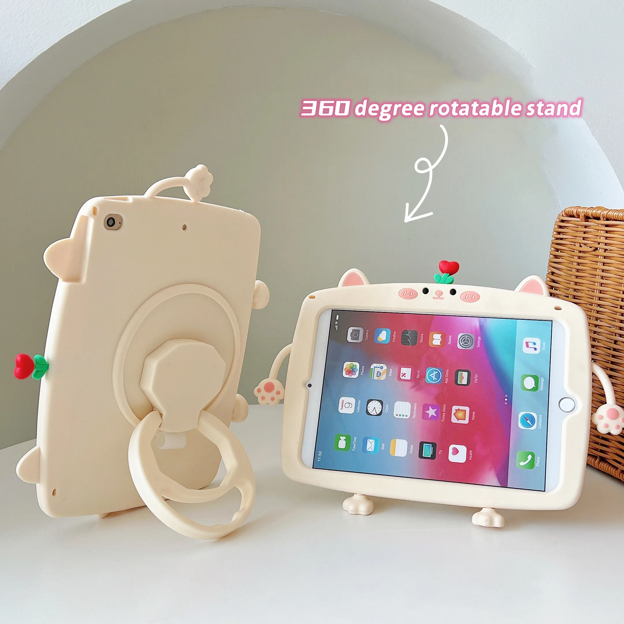 Children's Adorable Silicone Cover with 360° Rotating Stand and Handle Grip