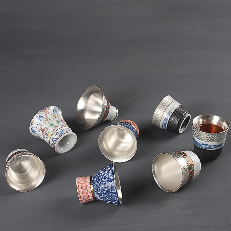 

Handmade 999 sterling silver teacup, blue and white porcelain inner gallbladder set with silver kung fu tea set