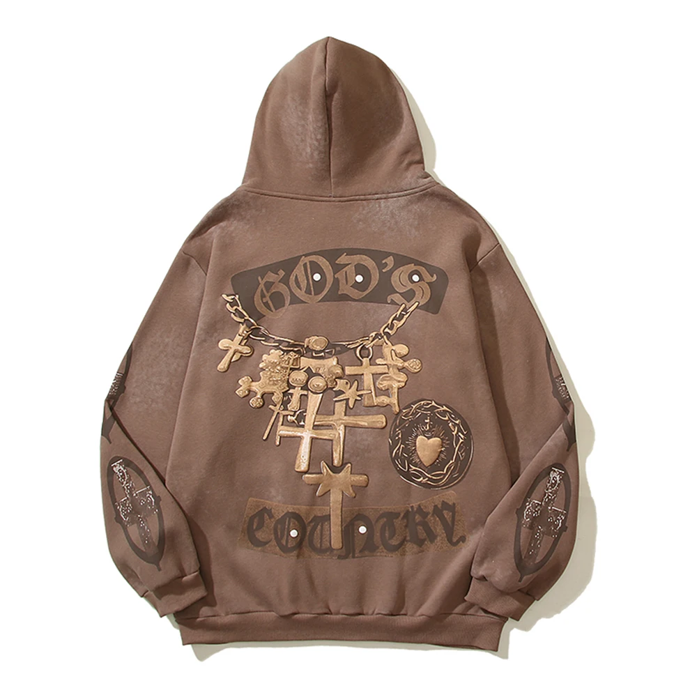 Y2k High Street Mud Dyed Embossed Print Zipper Hooded