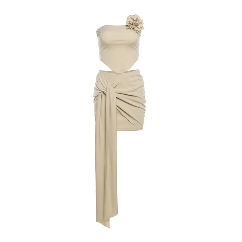 Description Picture 2 of itemStrapless Tube Top Mini Skirt Two Piece sets Womens Outfits Floral Conjuntos De Falda Tie Tassels High Street Ensembles De Jupes