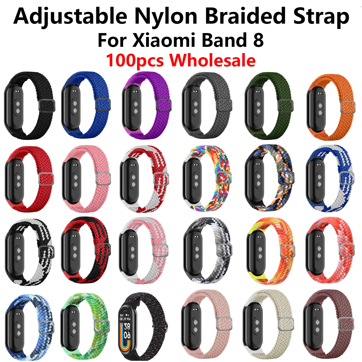 

100pcs Nylon Braided Strap For Xiaomi Mi Band 8 Adjustable Loop Bracelet Wristband Buckle For Mi Band 8 Replacement Watchband