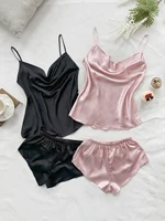Summer Women's Sexy Solid Satin Pajama Set Top and Shorts soft and comfortable Four piece set - Image 3