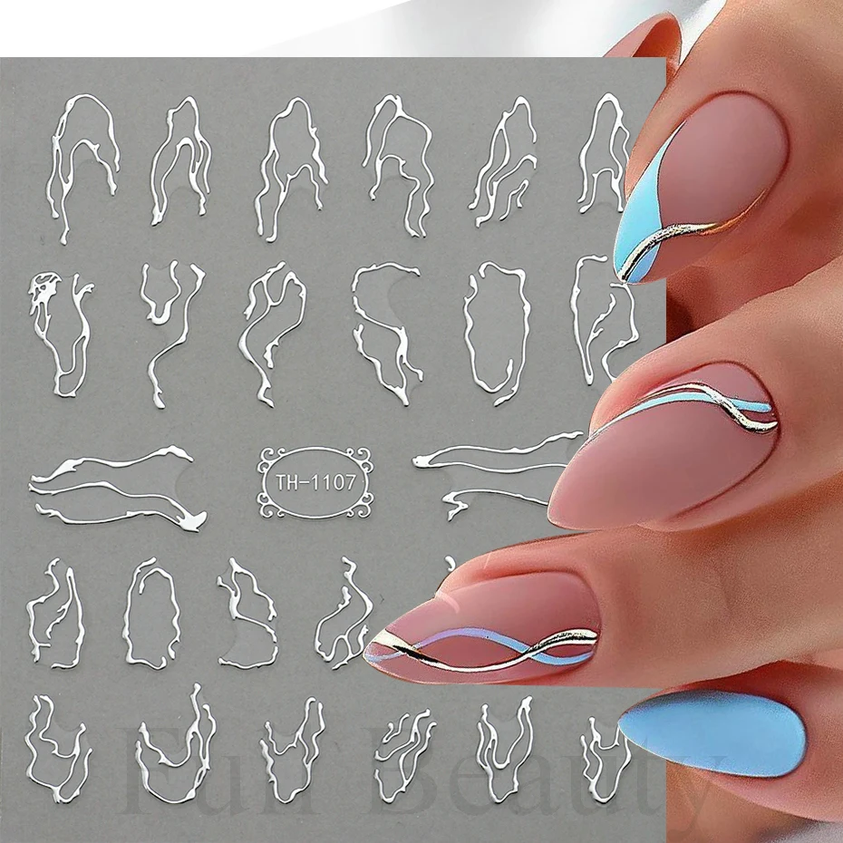 Nail Stickers 3D Golden Wave Line Nail Sticker Marble Blue Geometry Abstract Flowers Nail Art Sliders Decals Foils Manicure Decorations