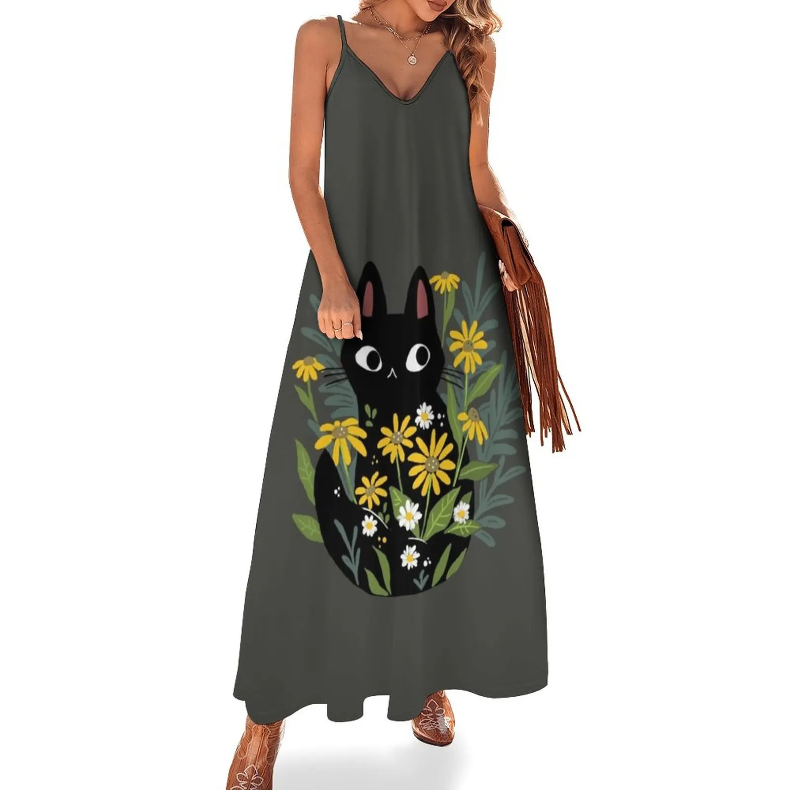 

Black cat with flowers Sleeveless Dress loose summer dress Women's skirt