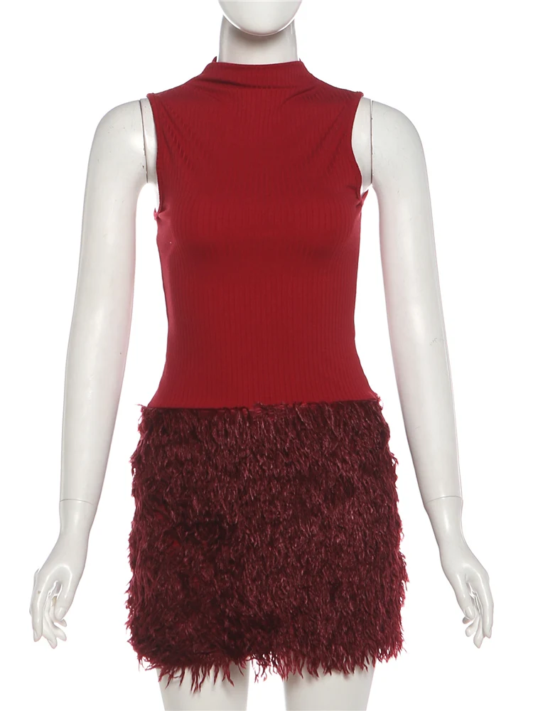 Nibber Christmas Plush Hem Dress Women Sleeveless Patchwork o-Neck Skinny Elasticity Fashion Classic Prom Party Mini Bodycon