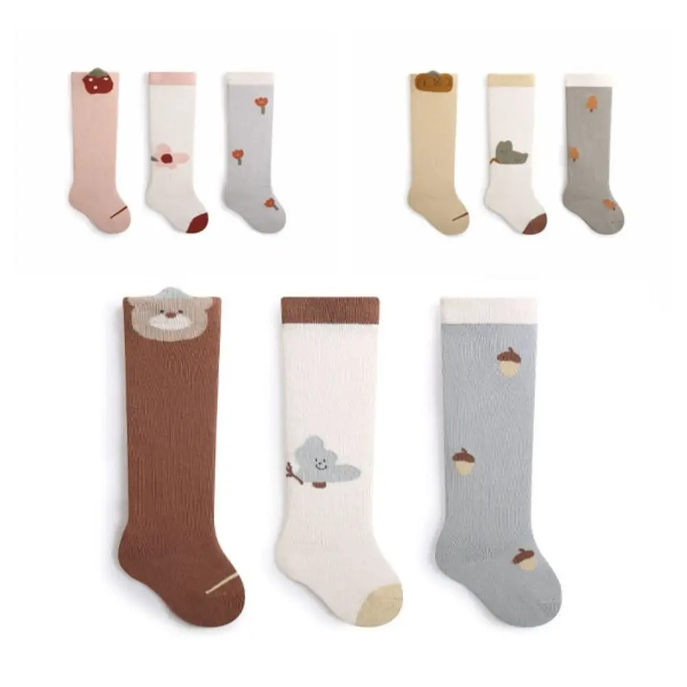 3Pairs Elastic Strawberry Calf Socks Baby Flower Animals Print Cartoon Above Knee Socks Cute Cotton Baby Mid Tube Socks Kids