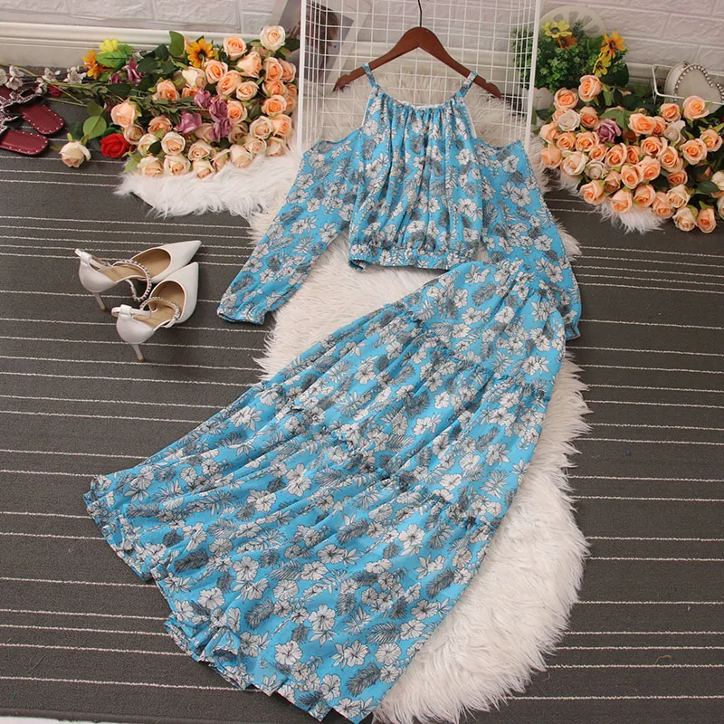 

Модный женский цветочный шифоновый комплект, Осенний сексуальный короткий топ на бретельках, Базовые платья с высокой талией и широкой юбкой миди, комплект из двух предметов для женщин