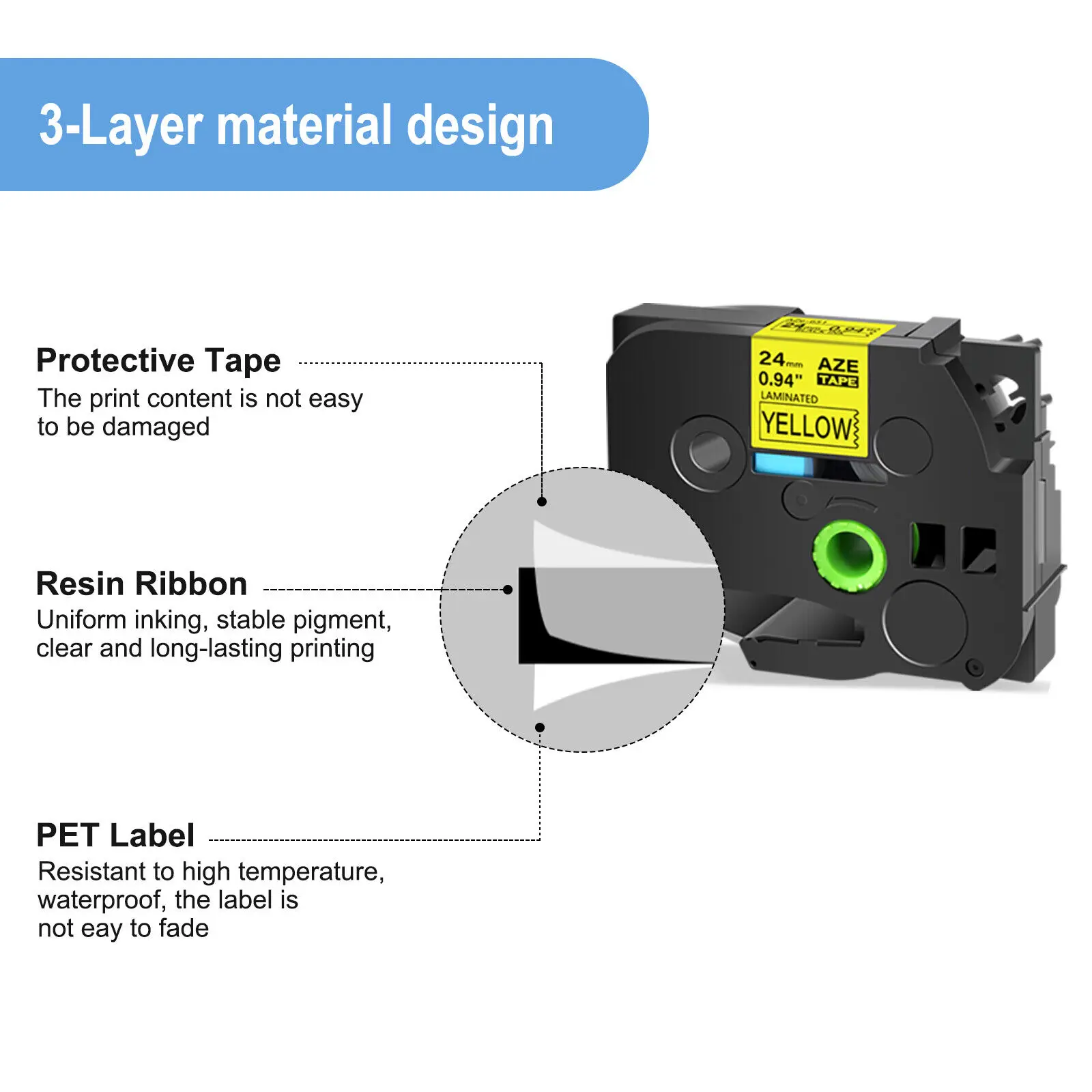 100PK Tz 24mm Label Tape Laminated Compatible Brother TZe-651 Tze 651 Black on Yellow 1 inch Tape for P-Touch D600 P710BT P700