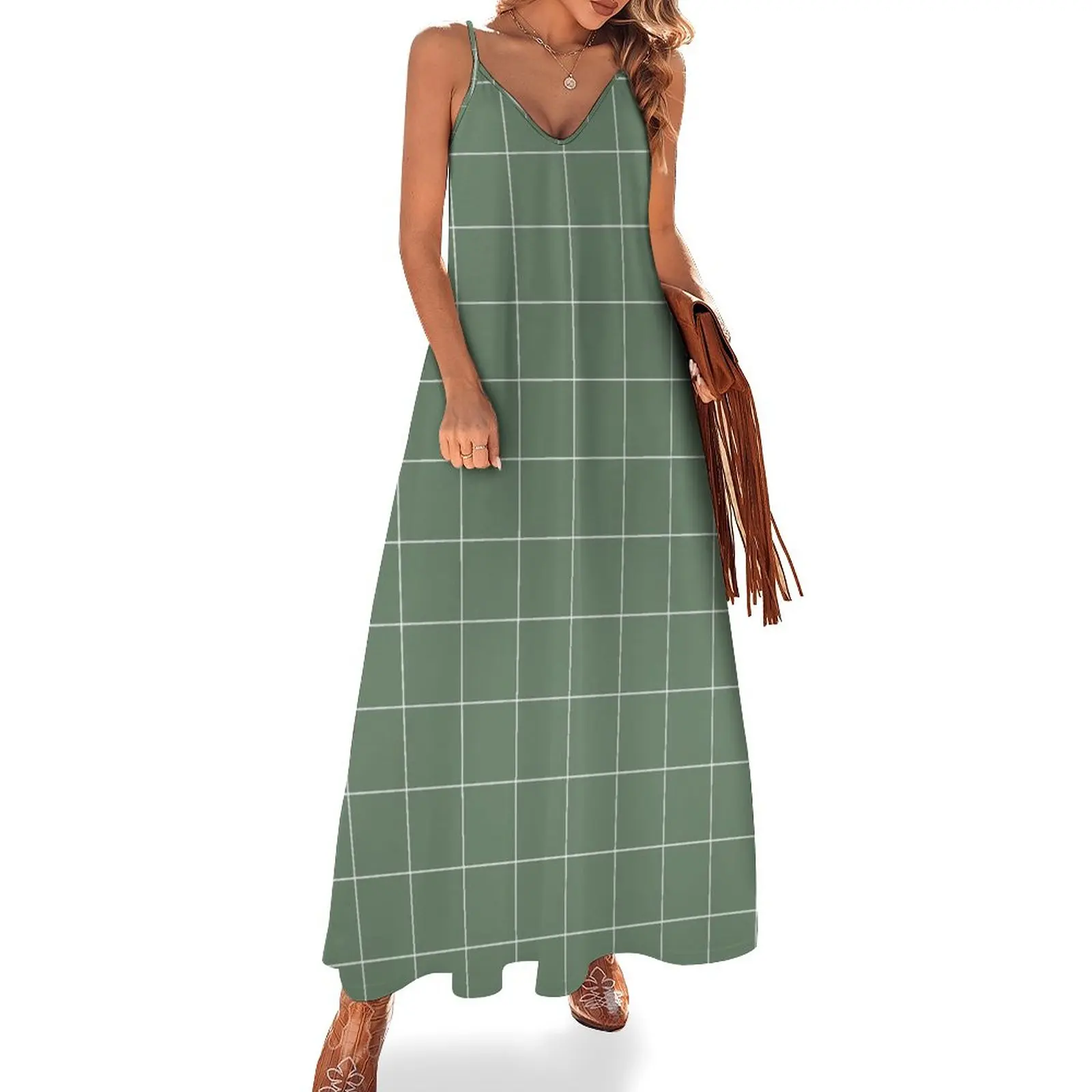 

Windowpane Check Grid (white/sage green) Sleeveless Dress Women's dress cute dress luxury woman evening