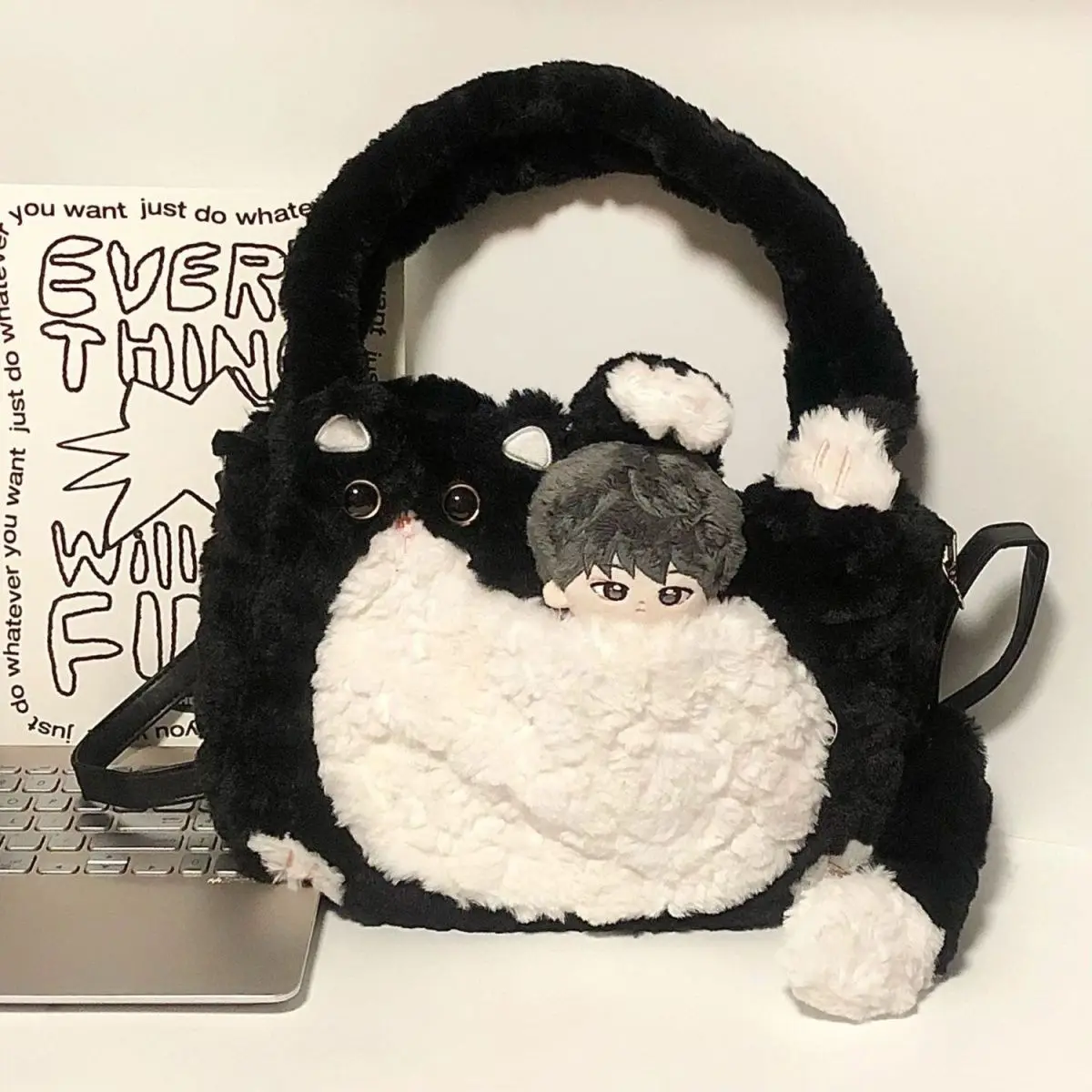JIAERDI Sweet Cute Cat Black White Shoulder Bags Women Harajuku Aesthetic Plush Y2k Crossbody Bags Girl Large Capacity Tote Bag