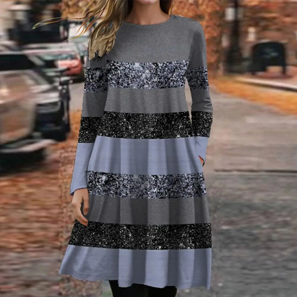 

Contrasting Colors Dress Sequin Colorblock Round Neck A-line Dress for Women Spring Fall Loose Long Sleeve Big Swing Above Knee