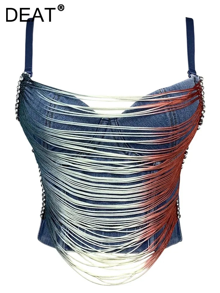 DEATFashionWomenShortTankTopsStripedTasselSlingChainDenim