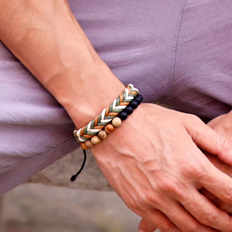 Men Adjustable Cord Chain Lava Tiger Eyes Stone Bracelet