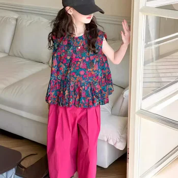 Abbigliamento per bambini Ragazze estive Gilet floreale ampio + Pantaloni a gamba larga Set Abiti per bambini per ragazze Abiti casual per adolescenti retrò
