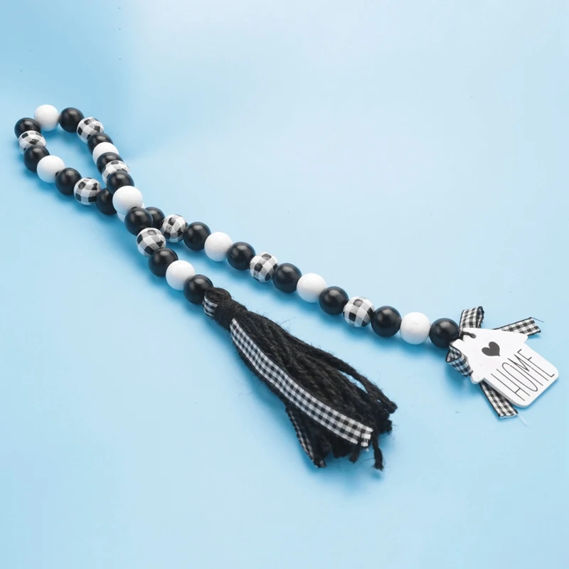 농가 나무 구슬 화환, 블랙 & 화이트 격자 무늬 소박한 나무 구슬, 농가 계단식 트레이 장식 술