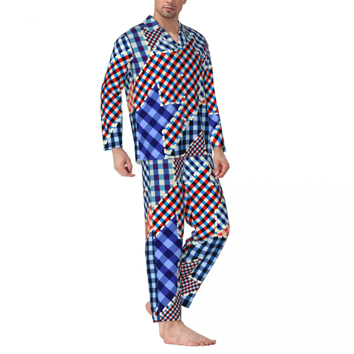 

Пижамные комплекты с принтом «гусиная лапка», клетчатая Лоскутная удобная одежда для сна, Мужская винтажная одежда для сна с длинным рукавом, 2 предмета, женская одежда для сна