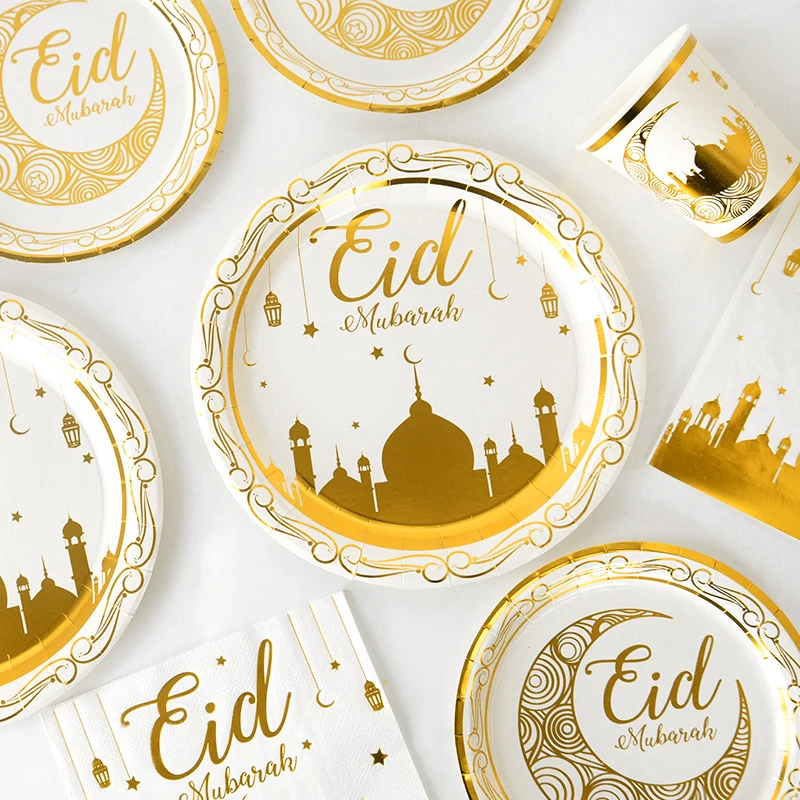 Eid Mubarak Disposable Tableware Gold Plate Cup Banner Gift Bags Islamic Muslim Party Supplies 2024 Ramadan Kareem Decorations images - 6