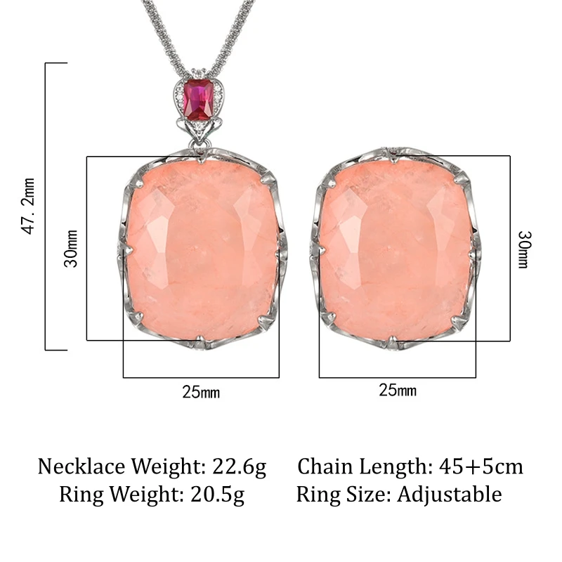 Large Cushion Cut Pink Rose Quartz Pendant Necklace Adjustable Ring Red Ruby Accent Statement Jewelry for Women Party Gift