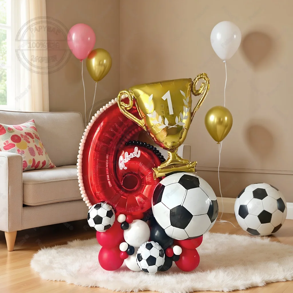 40-teiliges Sportthemen-Set mit goldenen Trophäen-Fußballballons, rote Zahlen 1-9, Geburtstagsballons, Partydekoration, Festzubehör