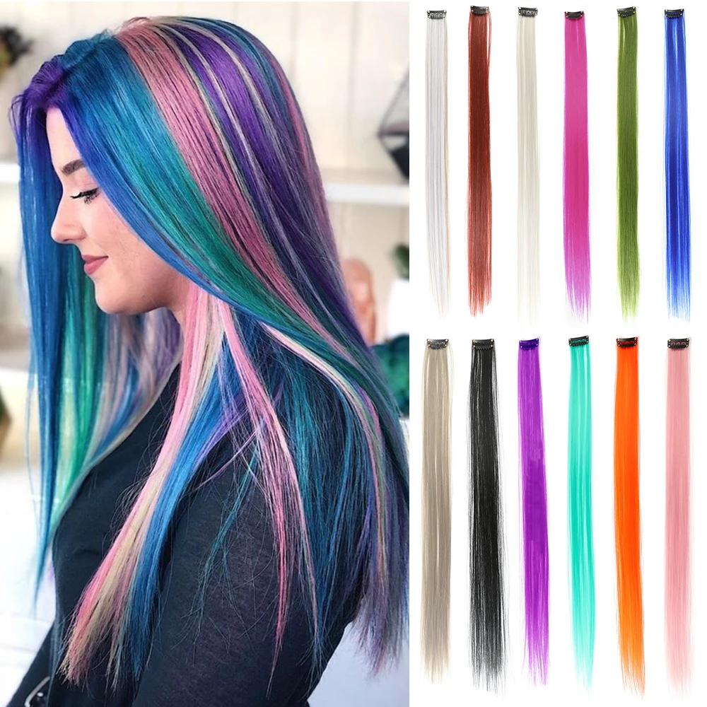 HAIRSTAR Synthetic Colored Clip In One Piece Straight Colorful Rainbow Hair Extensions 22 Inch Hairpieces