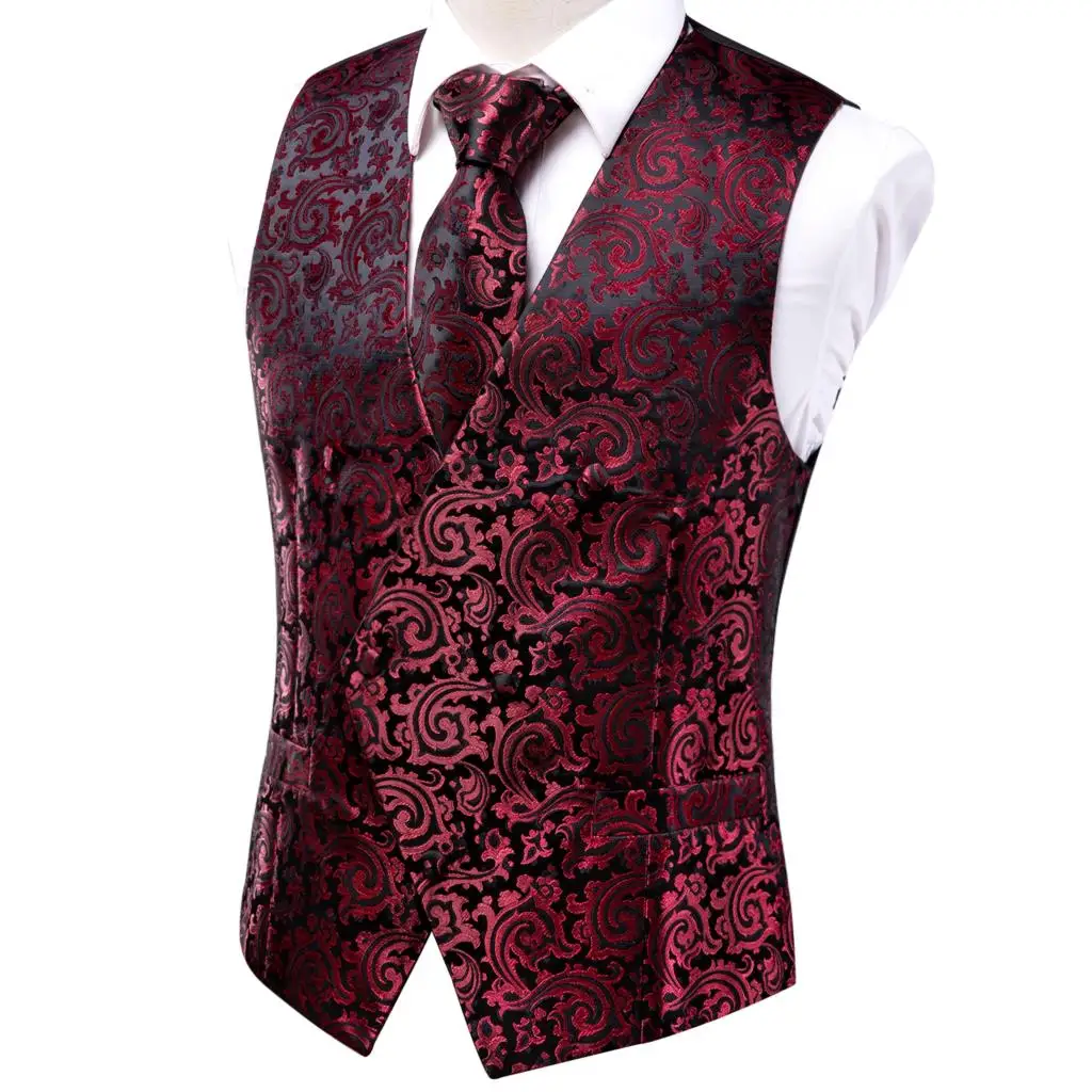 Hi-Tie Red Burgundy Silk Mens Dress Vest Tie Hanky Cufflinks Set Sleeveless Jacqurad Floral Waistcoat Jacket for Male Clothing 2