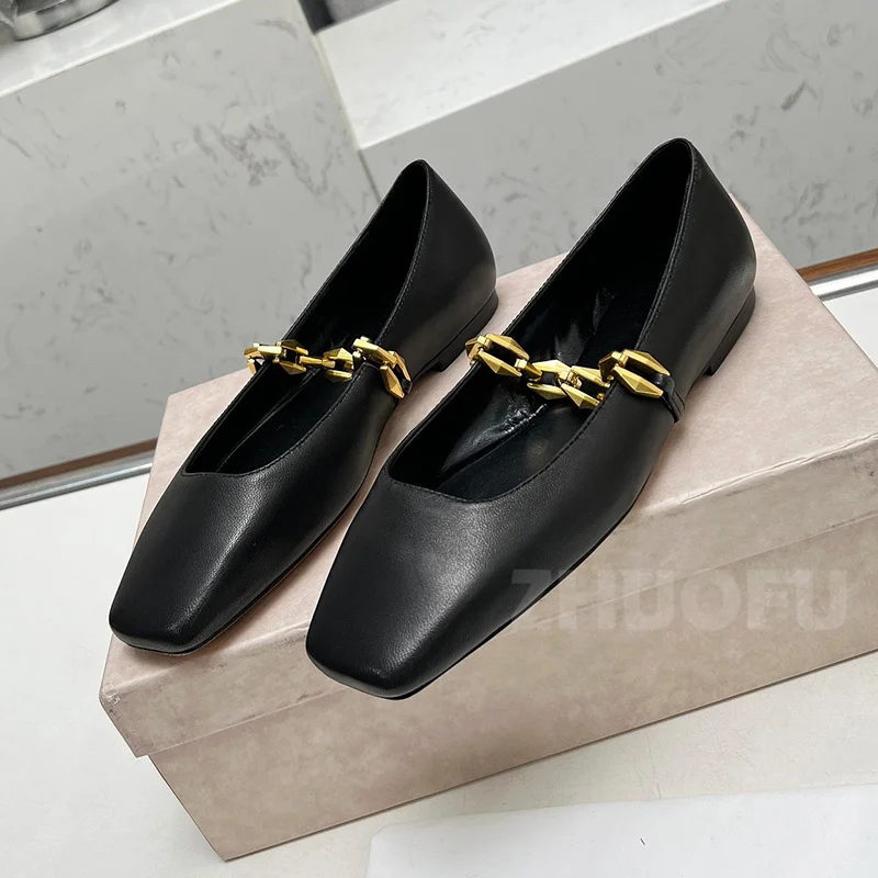 

Lady Flat Shoes Spring Autumn New Style Square Toe Cap Genuine Leather Material Female Shoes Simplicity Versatile Loafers