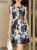 ZANZEA Elegant Women Knee-length Dresses 2025 Fashion Casual Short Sleeve Floral Print Party Dress O-Neck Holiday Robes Femme