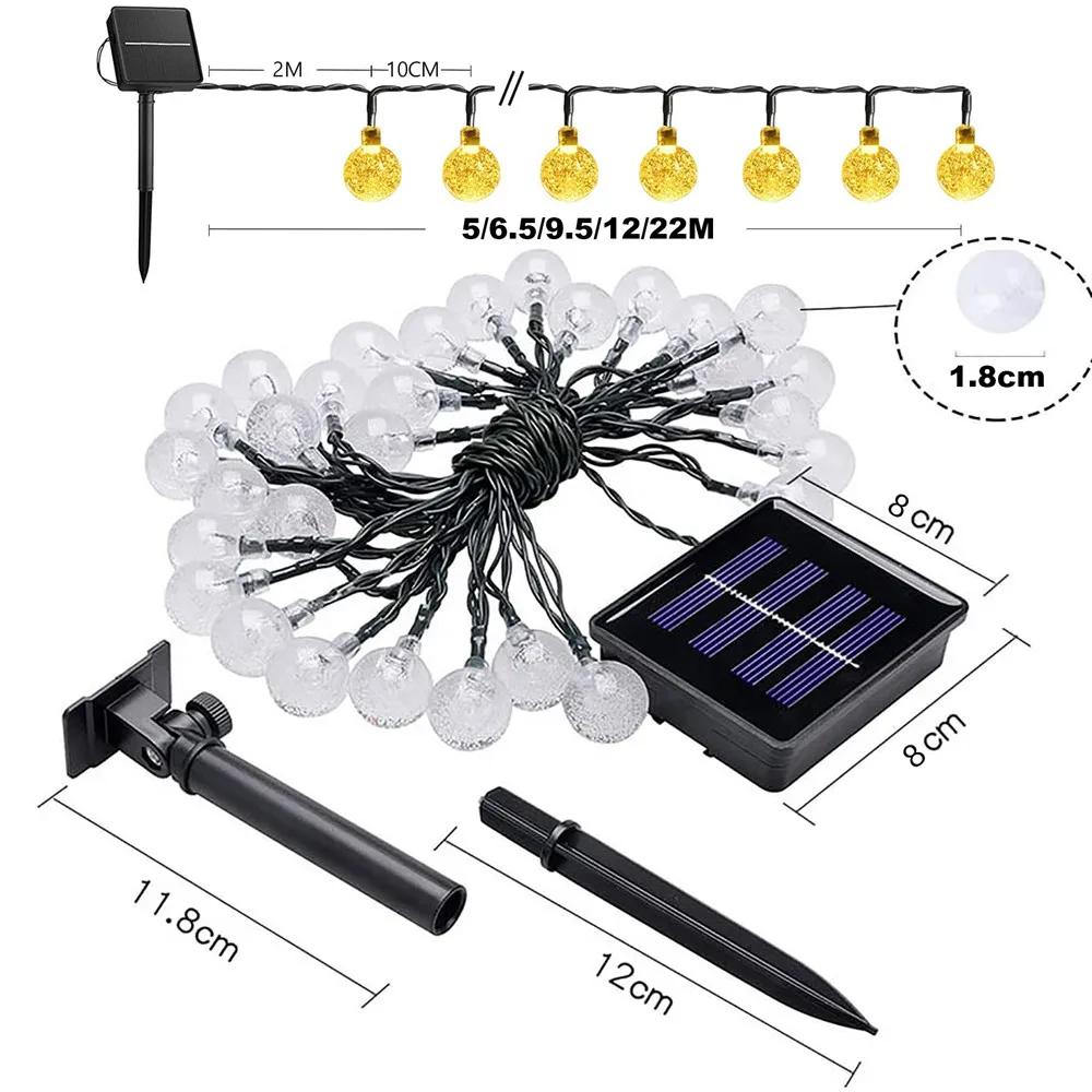 Guirnalda de luces LED solares para decoración al aire libre, 8 modos, bola de cristal, 5M, 7M, 12M, 22M, fiesta de navidad