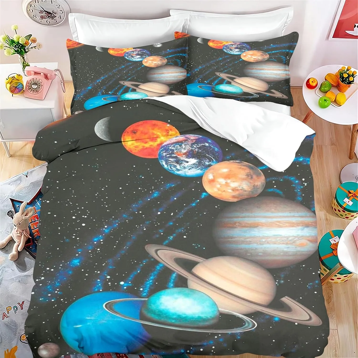 Set Biancheria Da Letto Spaziale Bambini - Copripiumino 200x200 Cm, Con Federa 50x75 Cm, Microfibra, Motivo Universo E Pianeti
